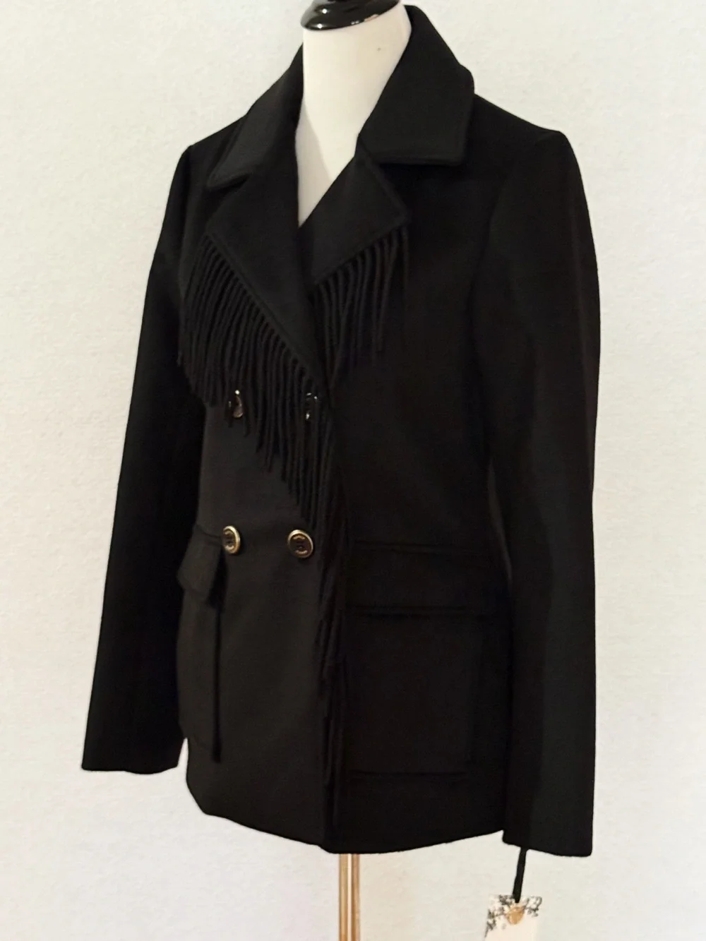 Kensie Fringe Wool Blend Peacoat Jacket Black Double Breasted Patch Pocket Small